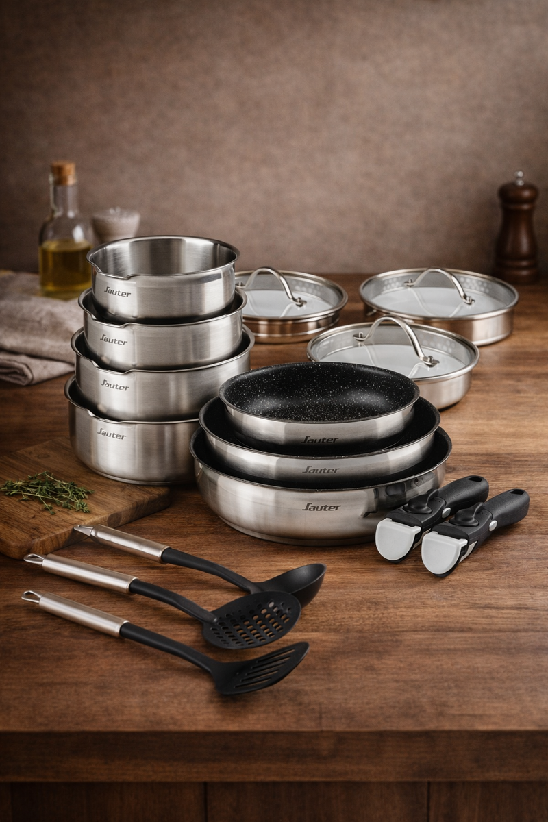 Non-Stick Stackable Battery with Removable Handle 16 Pieces - Silver