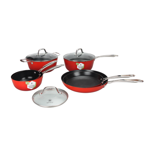 Red Airiron Set De 9 Piezas Independientes - Cacerola 16Cm - Cacerola 18Cm Con Su Tapa - Sartén Alta 24Cm Con Su Tapa - Cacerola 24Cm Con Su Tapa - Sartén 24Cm - Sartén 28Cm - Rojo