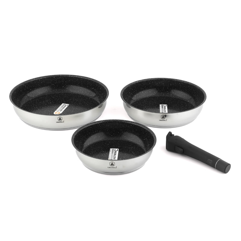 3 Poêles Amovible 'Réactif' Inox 20/24/28 Cm Anti-Adhésif Céramique Ck2 Greblon® Induction - Argent