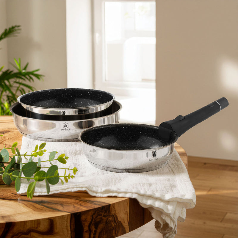 3 Poêles Amovible 'Réactif' Inox 20/24/28 Cm Anti-Adhésif Céramique Ck2 Greblon® Induction - Argent