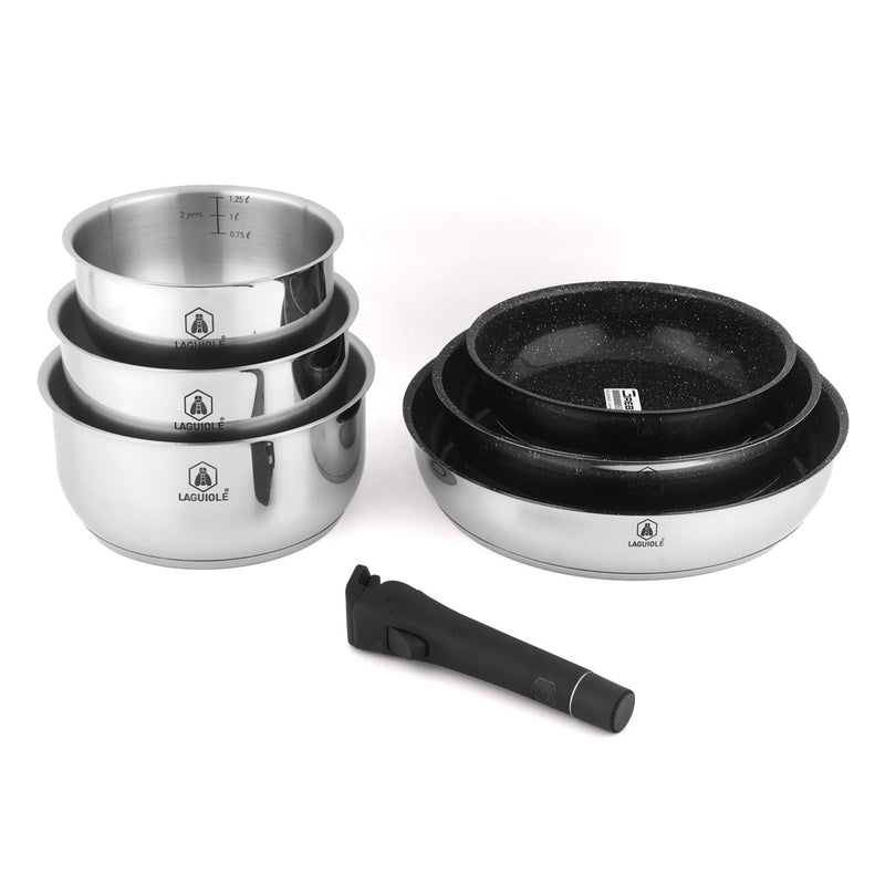 Set 7 Pièces Amovible 'Réactif' Inox Anti-Adhésif Céramique Ck2 Greblon® Induction - Argent