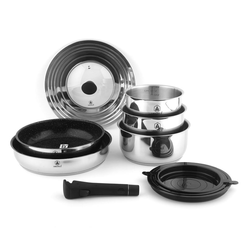 Set 10 Pièces Amovible'Réactif' Inox Anti-Adhésif Céramique Ck2 Greblon® Induction - Argent