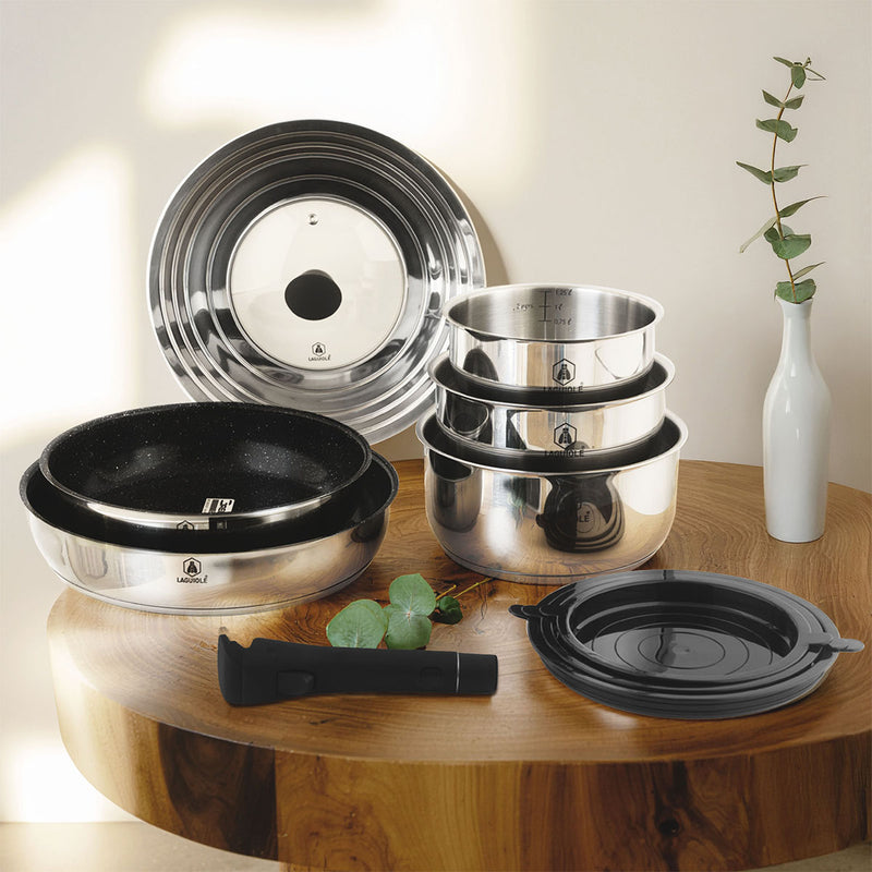 Set 10 Pièces Amovible'Réactif' Inox Anti-Adhésif Céramique Ck2 Greblon® Induction - Argent