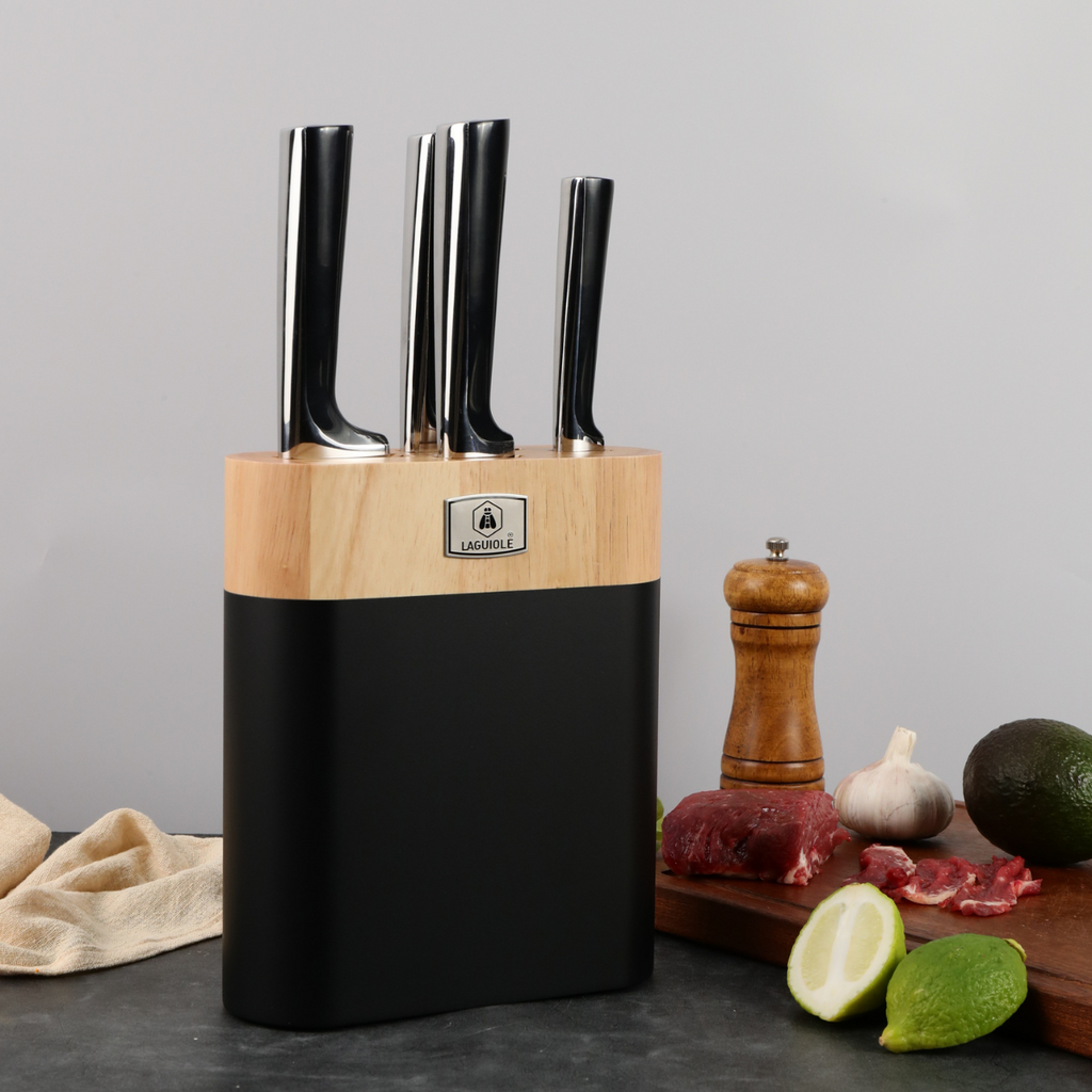 ScintiBois - Bloque + 4 Cuchillos - Acero - Negro