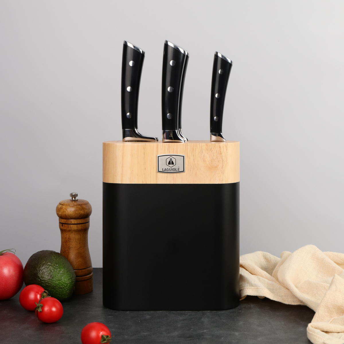 LustroBois - Bloque + 4 Cuchillos - Acero - Negro