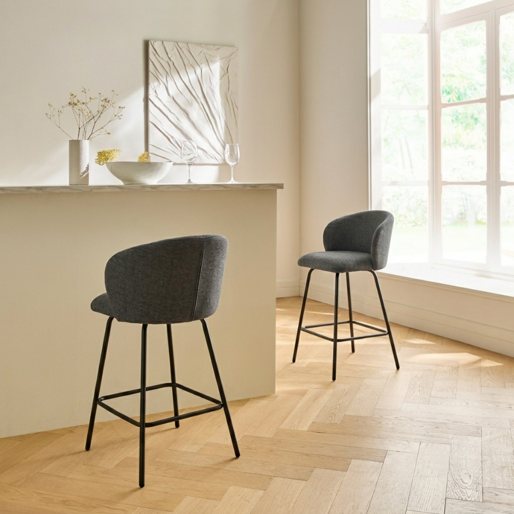 Sorrel - Set of 2 Stools with Metal Legs - Anthracite Grey Mottled Fabric