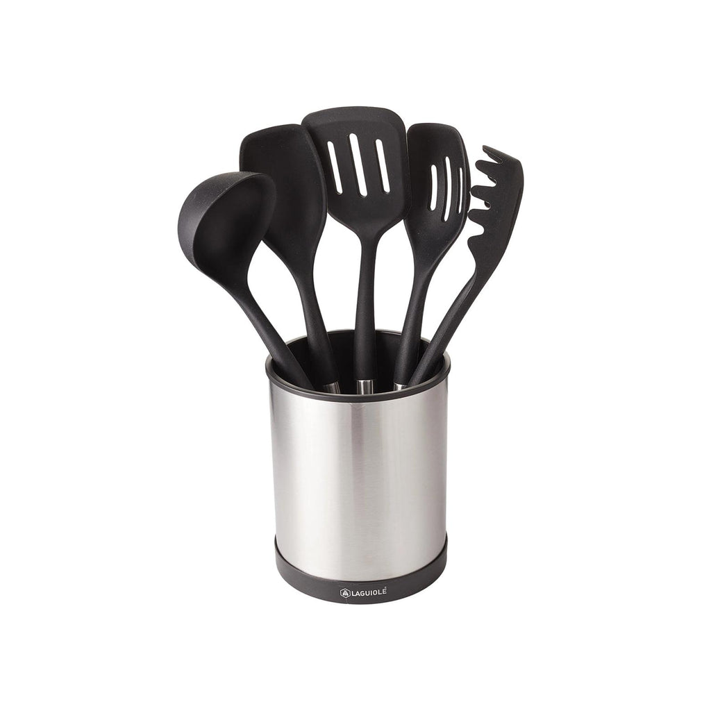 Harmonie - Juego de 6 utensilios de cocina - Acero inoxidable y silicona - Plata / Negro