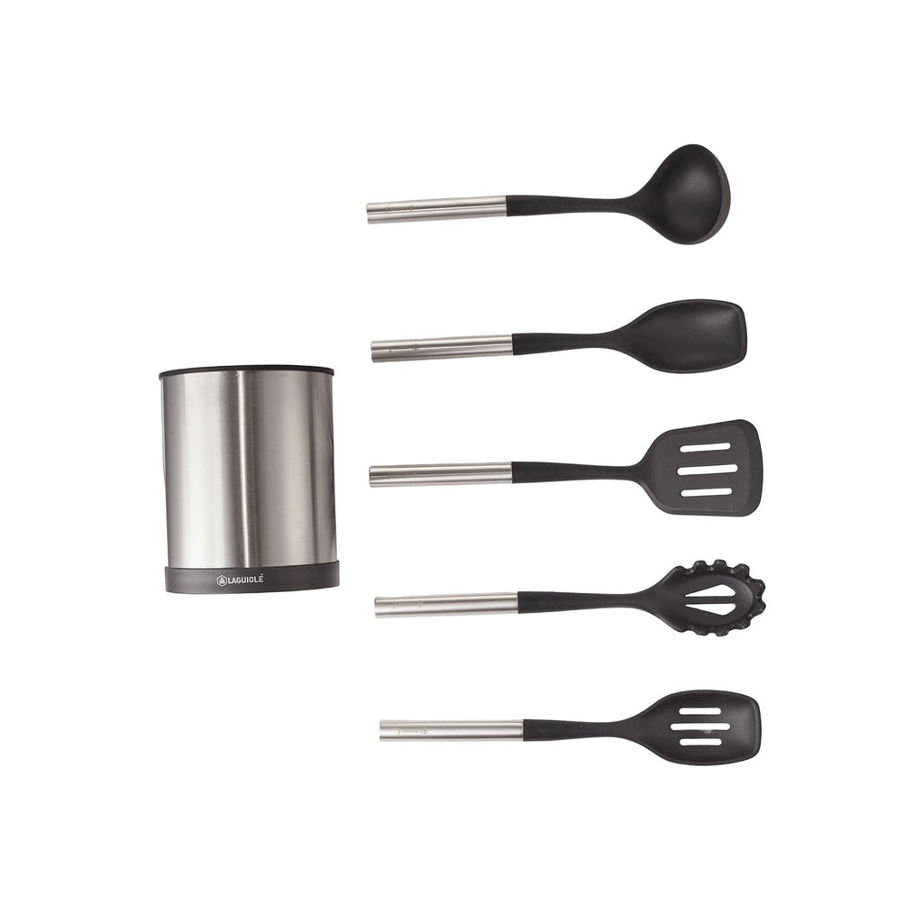 Harmonie - Juego de 6 utensilios de cocina - Acero inoxidable y silicona - Plata / Negro