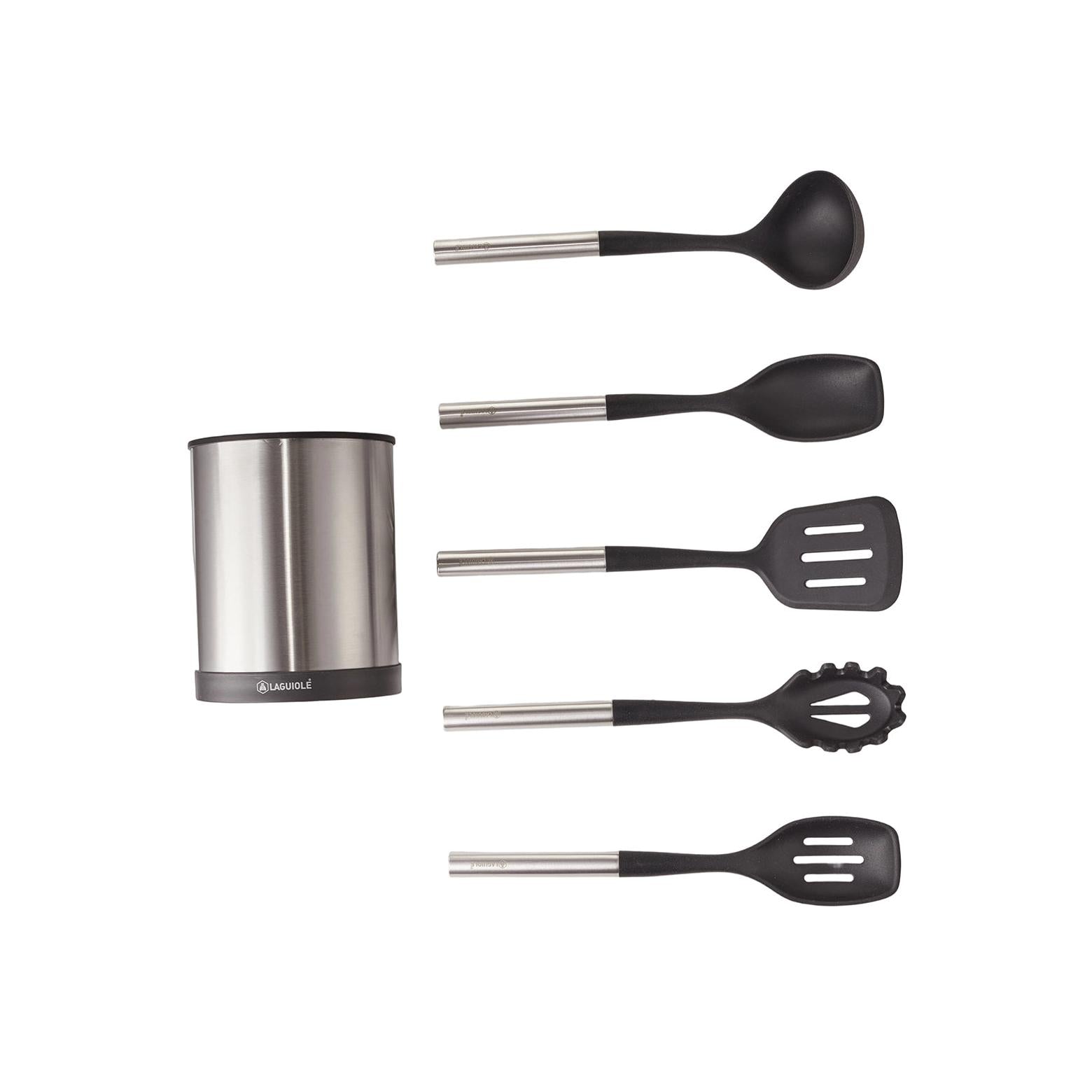 Harmonie - Juego de 6 utensilios de cocina - Acero inoxidable y silicona - Plata / Negro