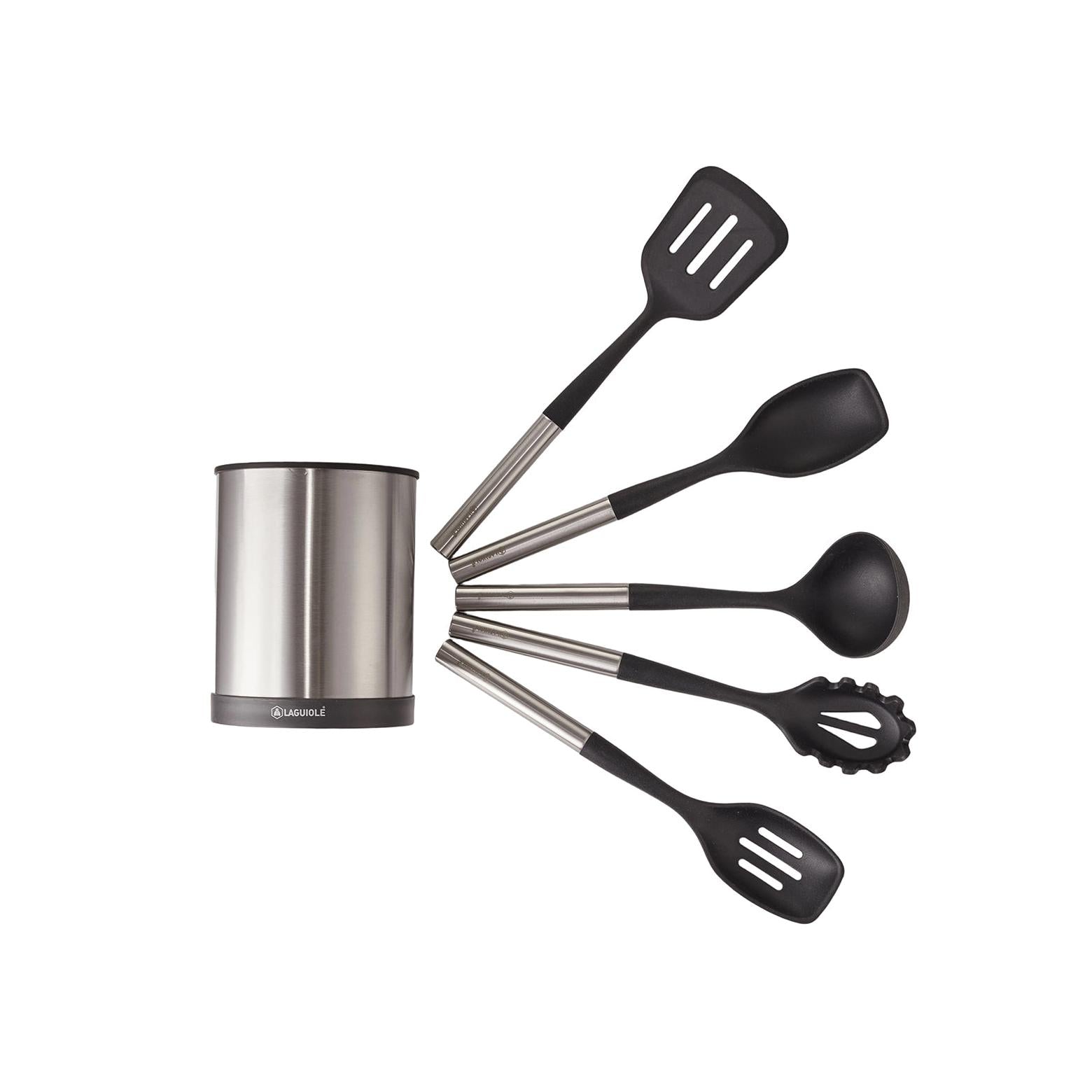 Harmonie - Juego de 6 utensilios de cocina - Acero inoxidable y silicona - Plata / Negro