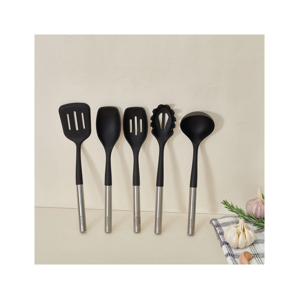Harmonie - Juego de 6 utensilios de cocina - Acero inoxidable y silicona - Plata / Negro