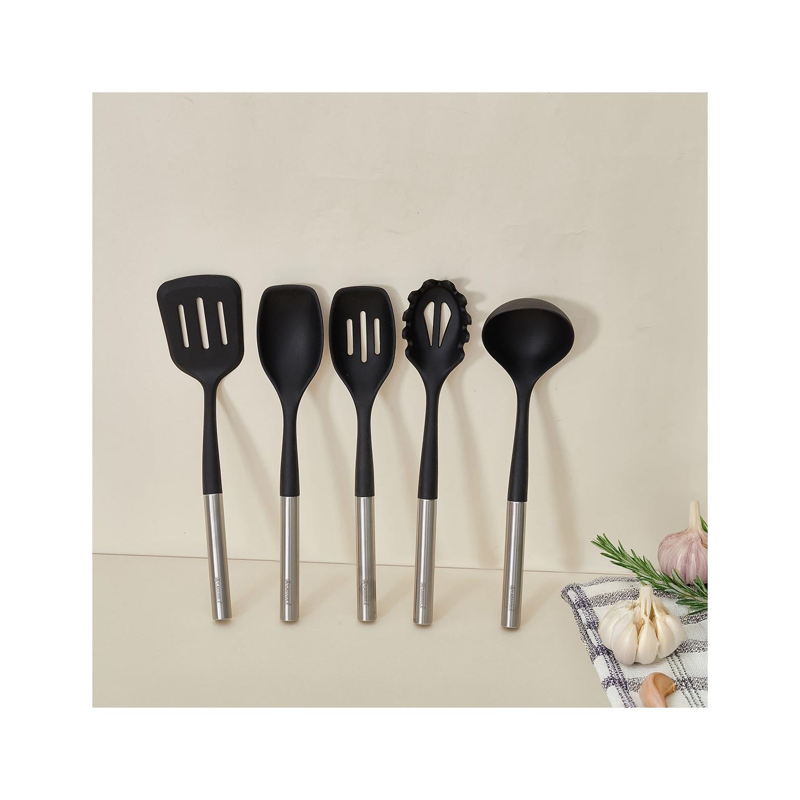Harmonie - Juego de 6 utensilios de cocina - Acero inoxidable y silicona - Plata / Negro