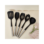 Harmonie - Juego de 6 utensilios de cocina - Acero inoxidable y silicona - Plata / Negro