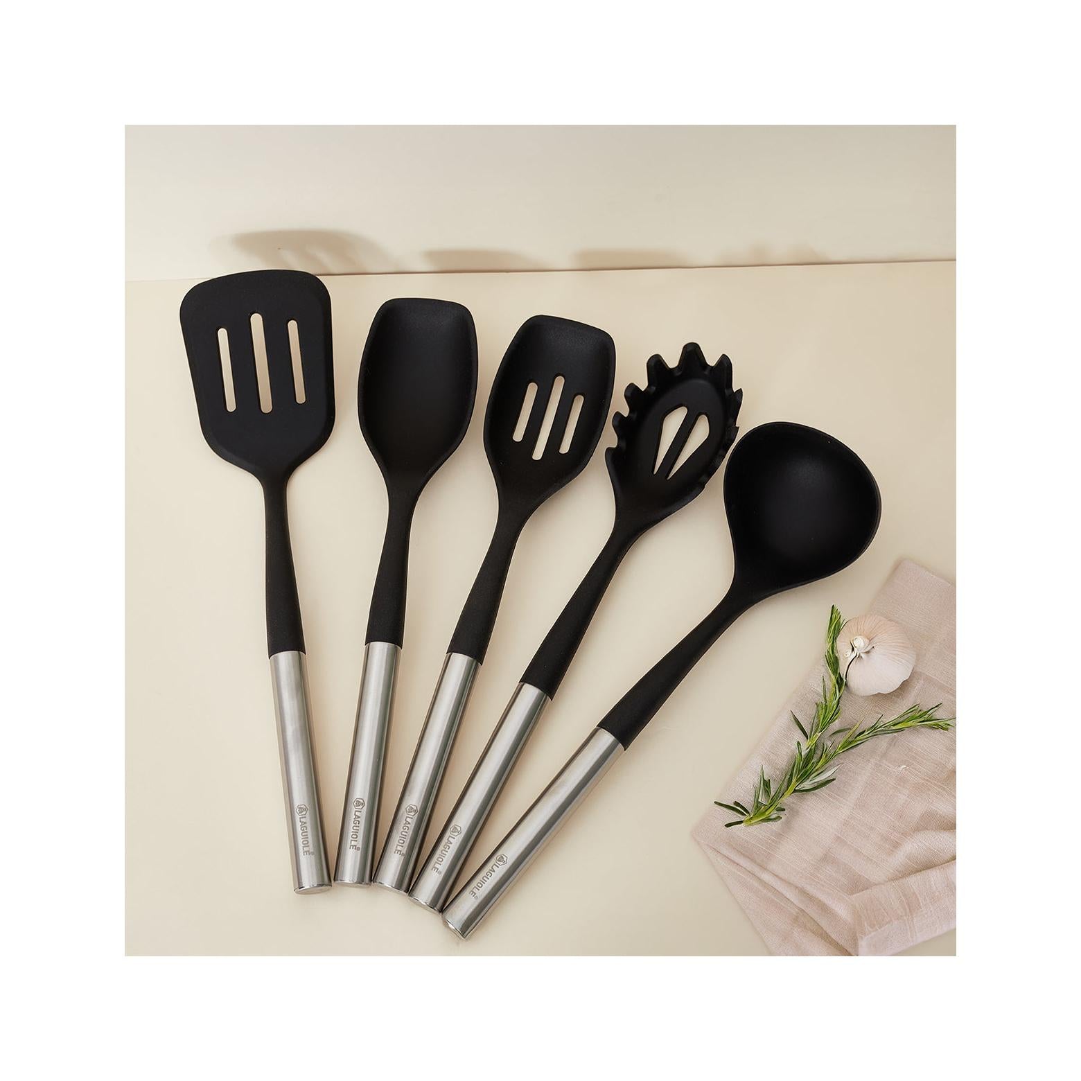 Harmonie - Juego de 6 utensilios de cocina - Acero inoxidable y silicona - Plata / Negro