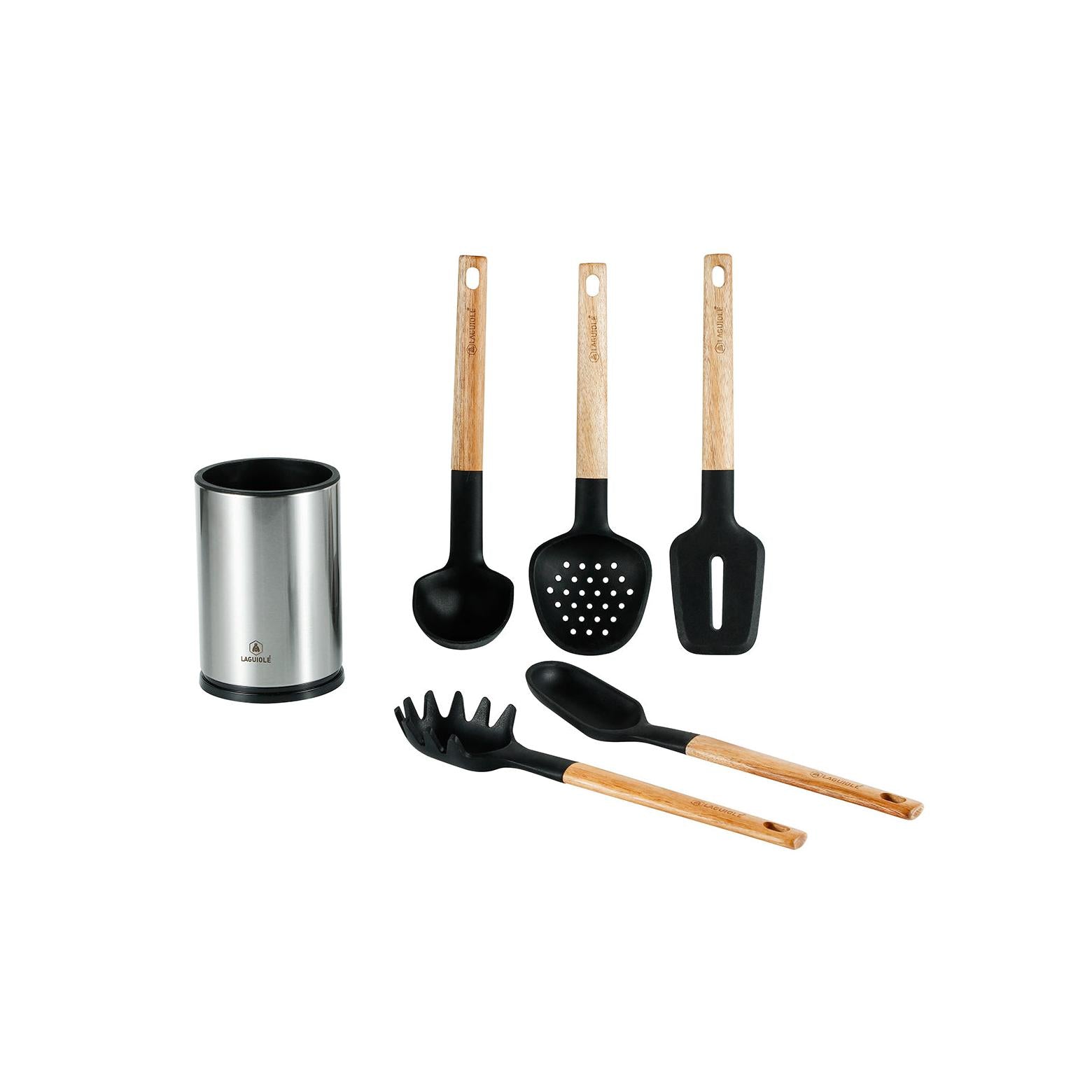 Sève - Juego de 6 utensilios de cocina - Acero inoxidable y madera de acacia - Plata / Madera