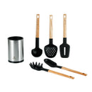Set Ustensile De Cuisine 6 Pièces 'Sève' - Argenté & Bois / Noir