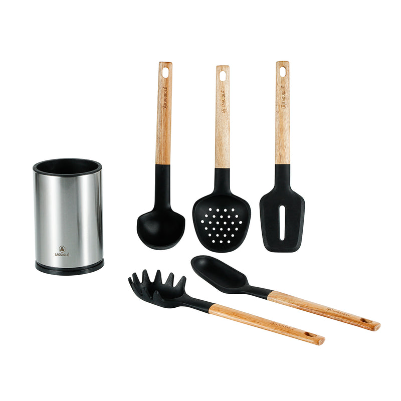 Set Ustensile De Cuisine 6 Pièces 'Sève' - Argenté & Bois / Noir