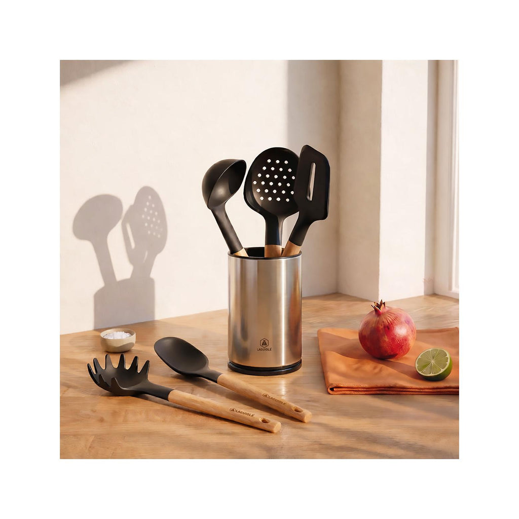 Sève - Juego de 6 utensilios de cocina - Acero inoxidable y madera de acacia - Plata / Madera