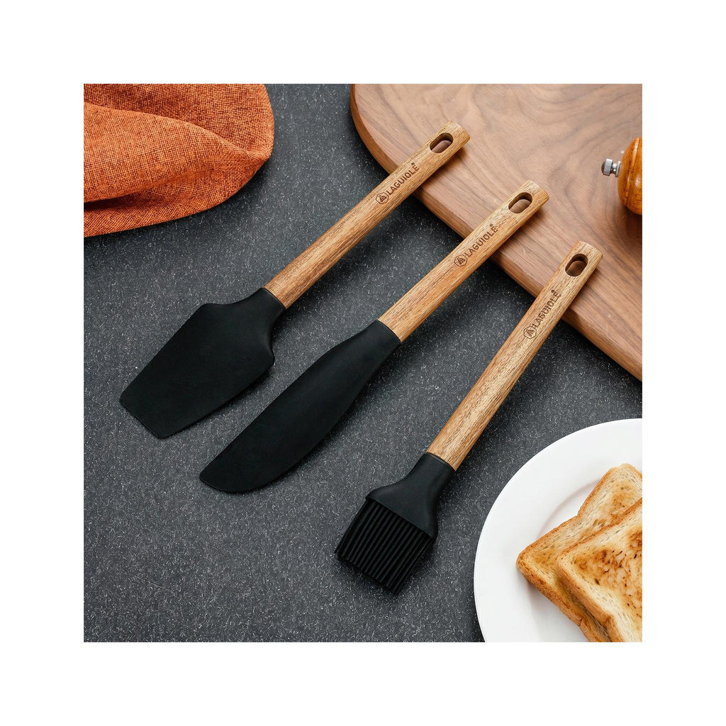 Sève - Juego de 3 utensilios de repostería - Silicona y madera de acacia - Plata / Madera