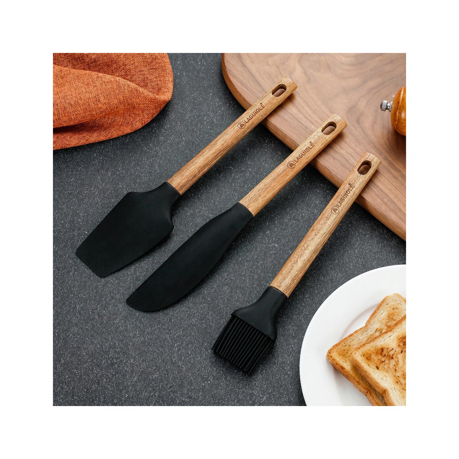 Sève - Juego de 3 utensilios de repostería - Silicona y madera de acacia - Plata / Madera