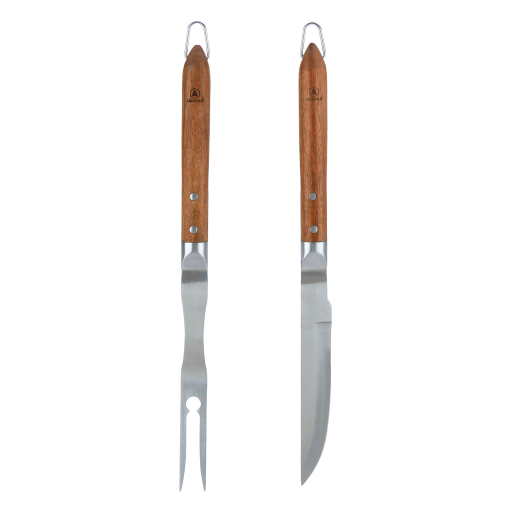 Sève - Set 2 Ustensiles Barbecue Couteau + Fourchette - Acier Et Bois D'Acacia - Argenté / Bois