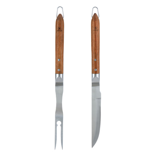 Sève - Set de 2 utensilios para barbacoa cuchillo + tenedor - Acero y madera de acacia - Plata / Madera
