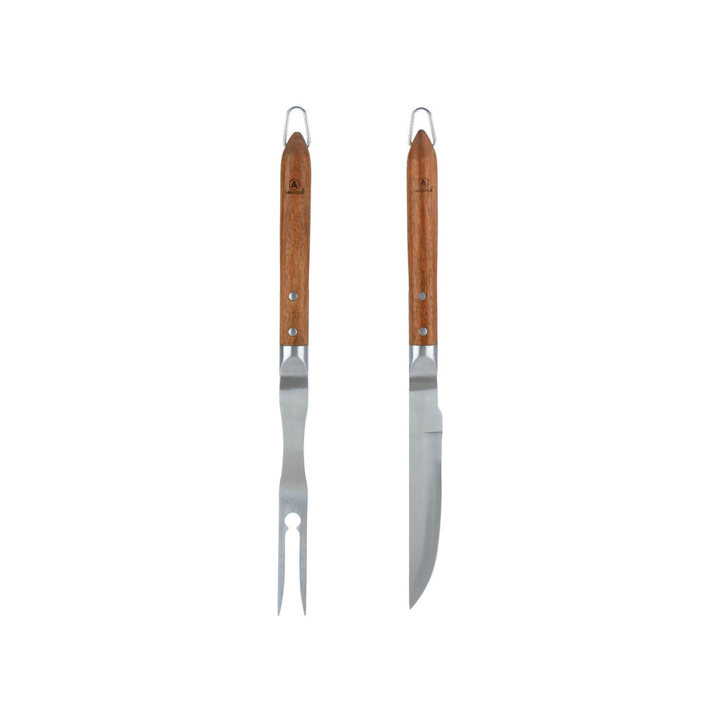 Sève - Set de 2 utensilios para barbacoa cuchillo + tenedor - Acero y madera de acacia - Plata / Madera