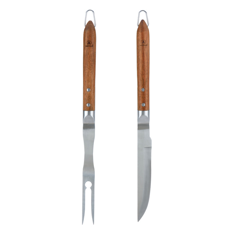 Set 2 Ustensiles Barbecue Couteau + Fourchette 'Sève' - Argenté / Bois