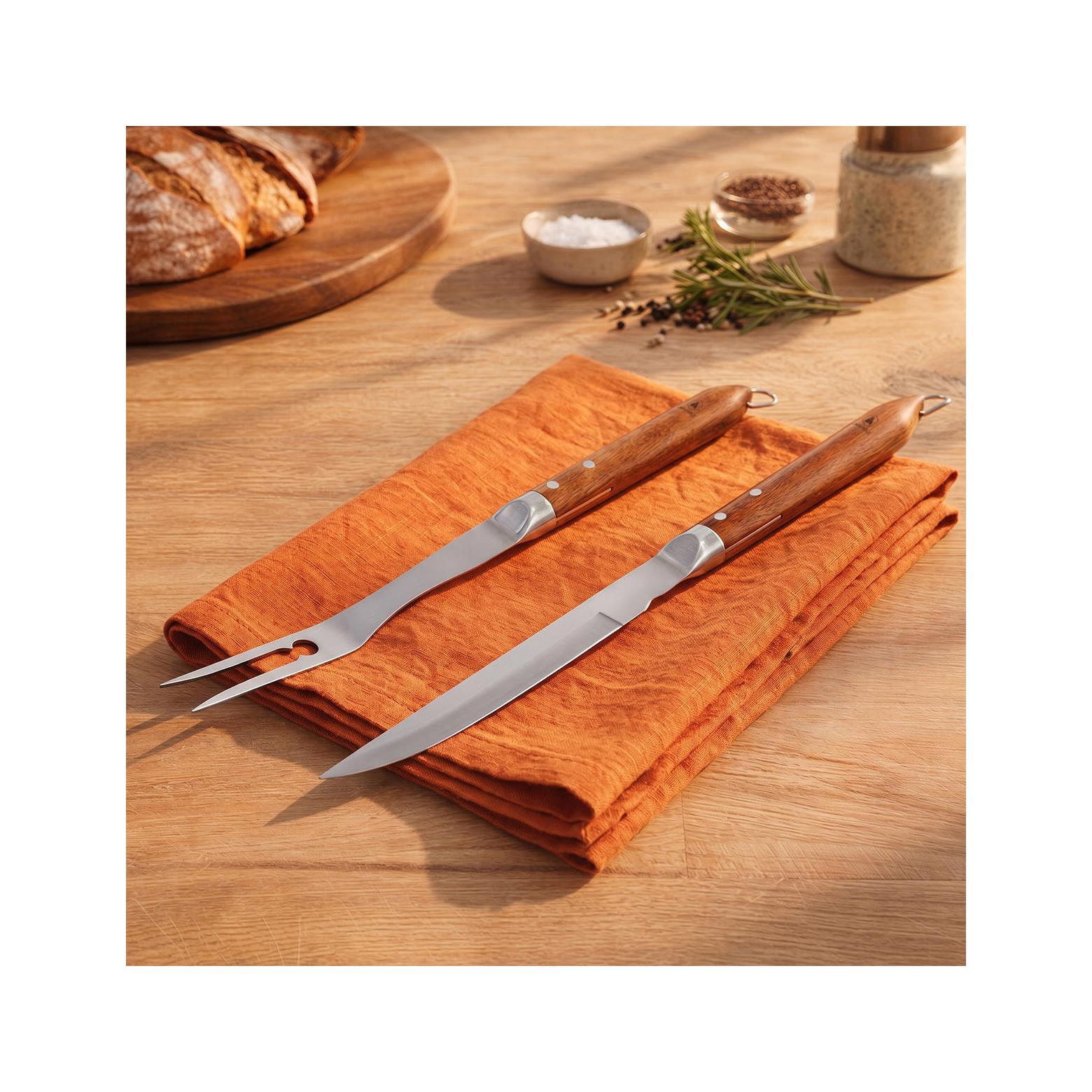 Sève - Set de 2 utensilios para barbacoa cuchillo + tenedor - Acero y madera de acacia - Plata / Madera