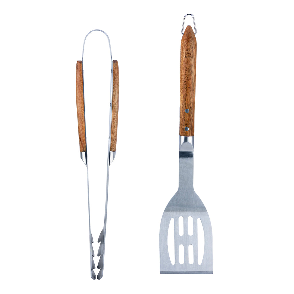 Sève - Set 2 Ustensiles Barbecue Spatule + Pince - Acier Et Bois D'Acacia - Argenté / Bois