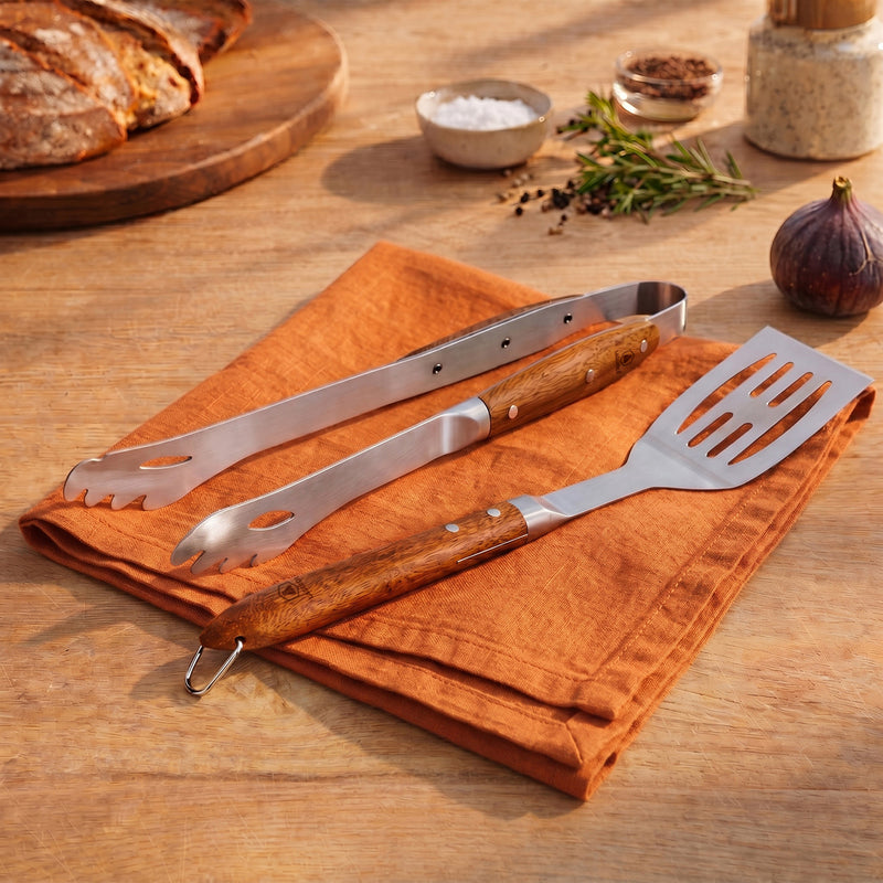 Sève - Set 2 Ustensiles Barbecue Spatule + Pince - Acier Et Bois D'Acacia - Argenté / Bois
