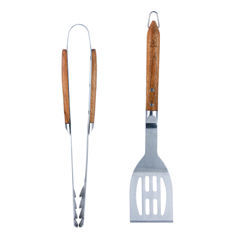 Set 2 Ustensiles Barbecue Spatule + Pince 'Sève' - Argenté / Bois