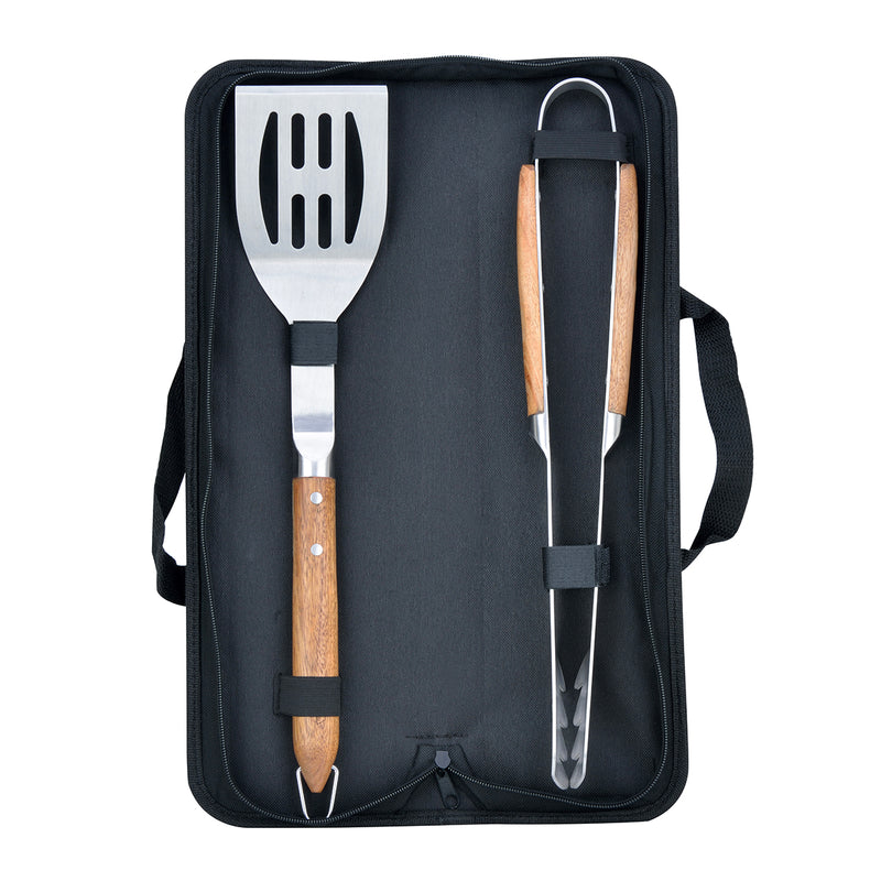 Set 2 Ustensiles Barbecue Spatule + Pince 'Sève' - Argenté / Bois