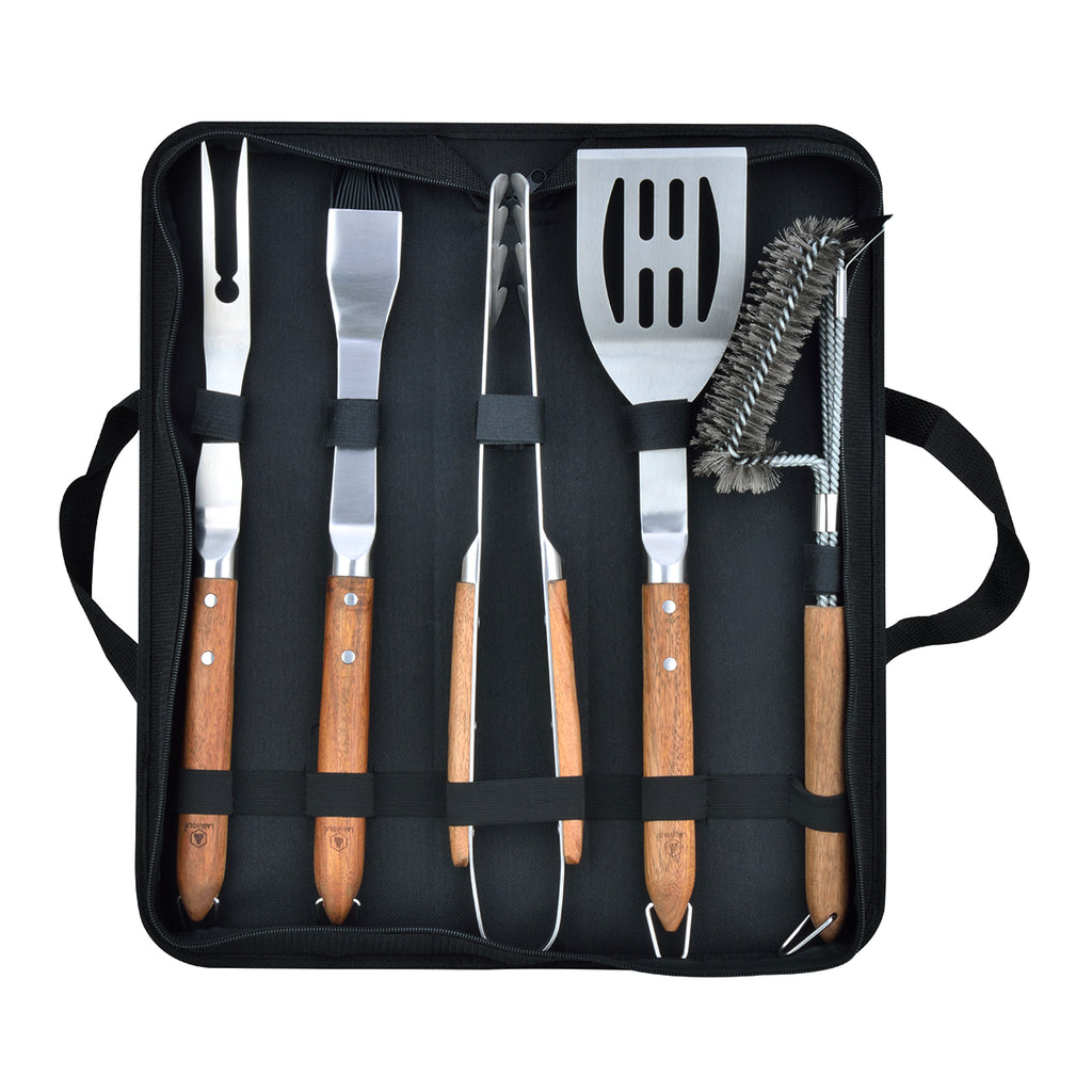 Sève - Set 5 Ustensiles Barbecue - Acier Et Bois D'Acacia - Argenté / Bois