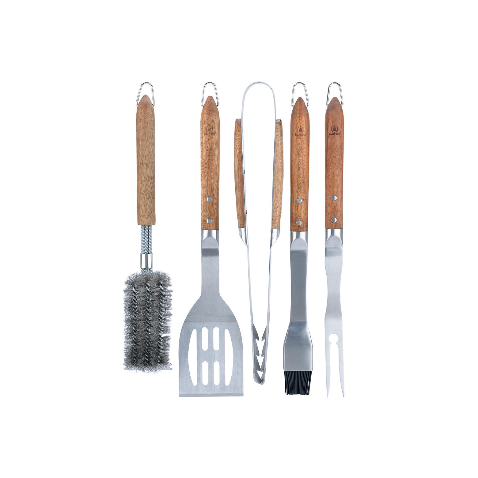 Sève - Juego de 5 utensilios para barbacoa - Acero y madera de acacia - Plata / Madera