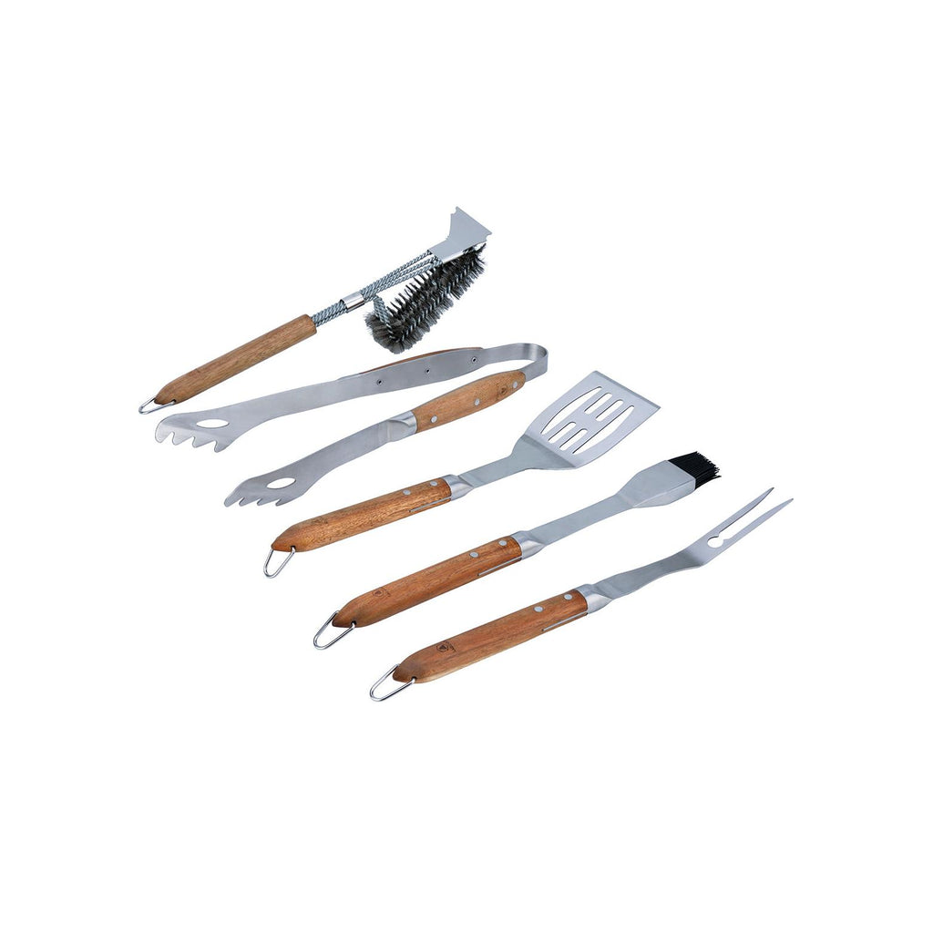 Sève - Juego de 5 utensilios para barbacoa - Acero y madera de acacia - Plata / Madera