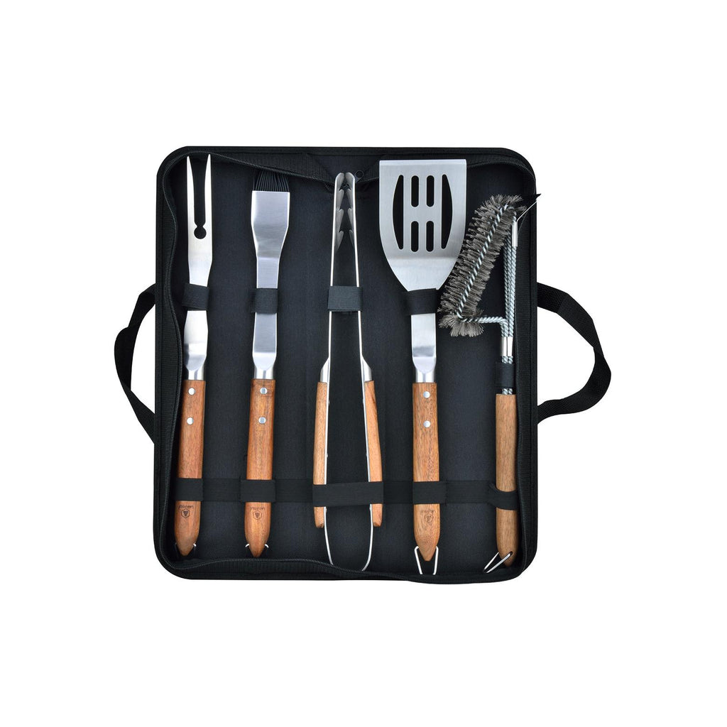 Sève - Juego de 5 utensilios para barbacoa - Acero y madera de acacia - Plata / Madera