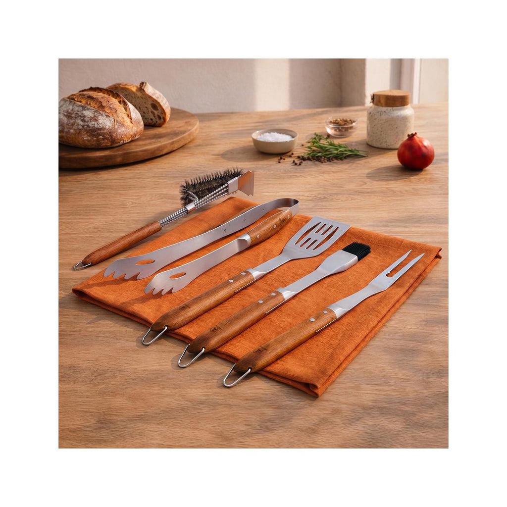 Sève - Juego de 5 utensilios para barbacoa - Acero y madera de acacia - Plata / Madera