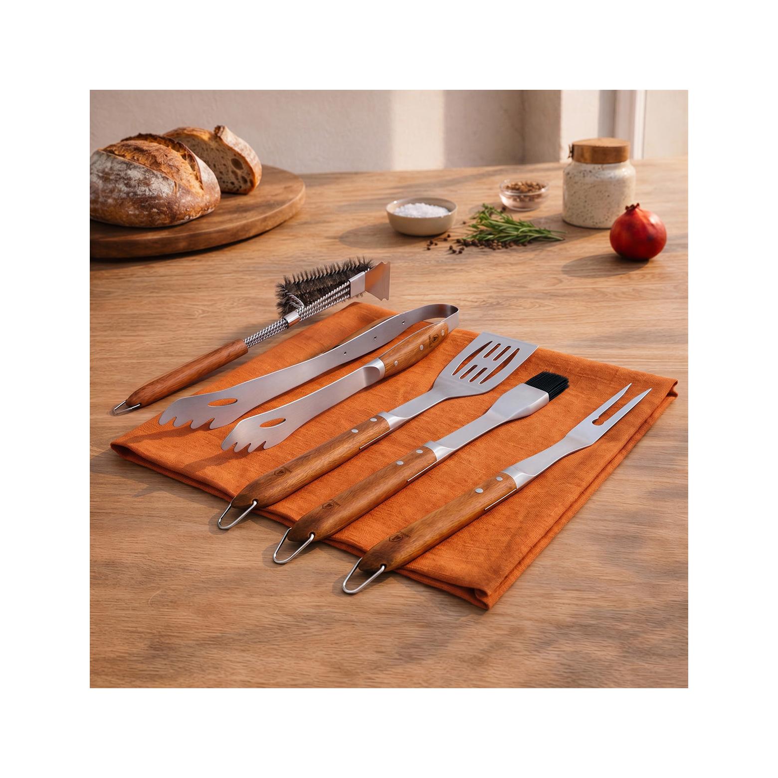 Sève - Juego de 5 utensilios para barbacoa - Acero y madera de acacia - Plata / Madera