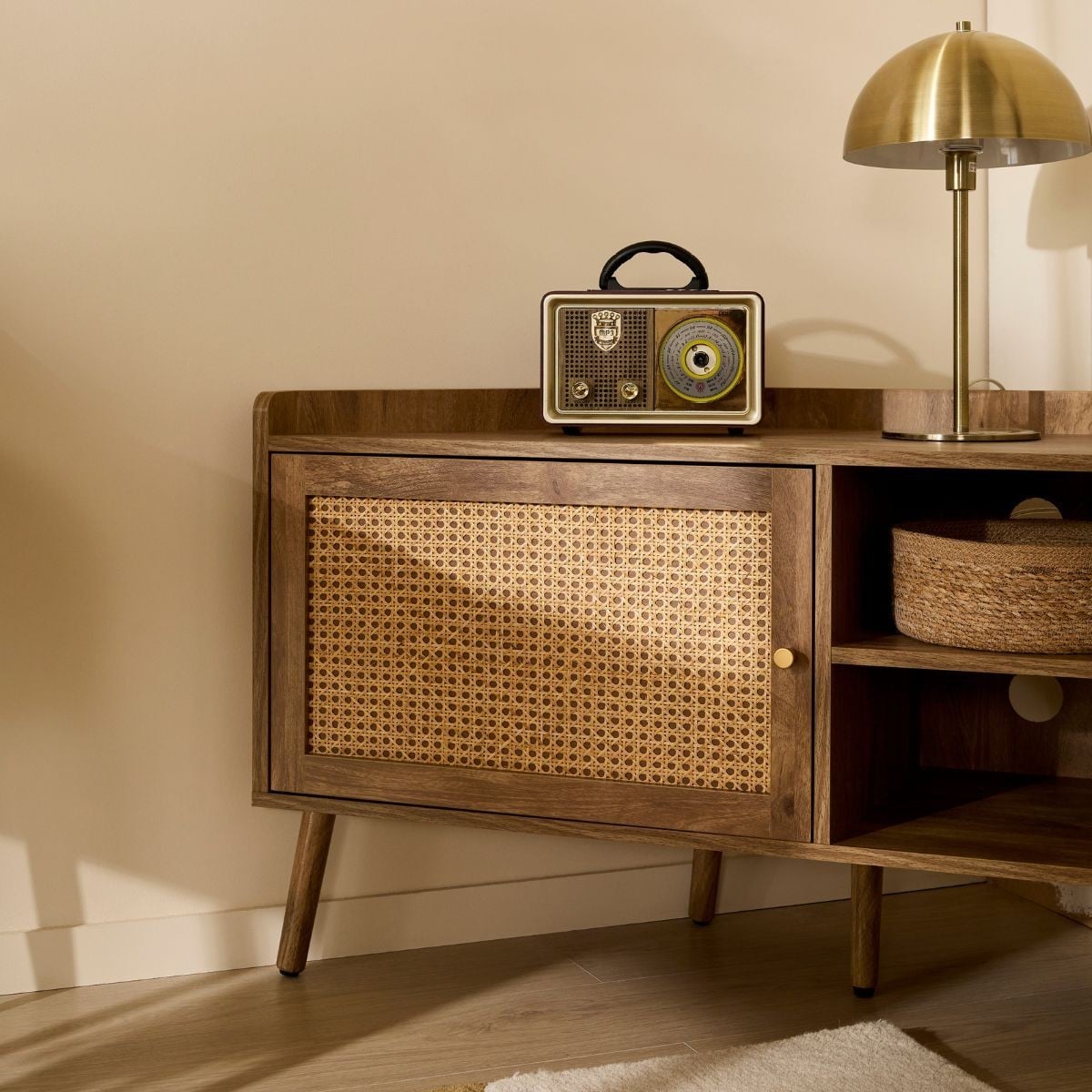 Palmo - 1 Door Corner Tv Unit With Rattan Front - Light Wood