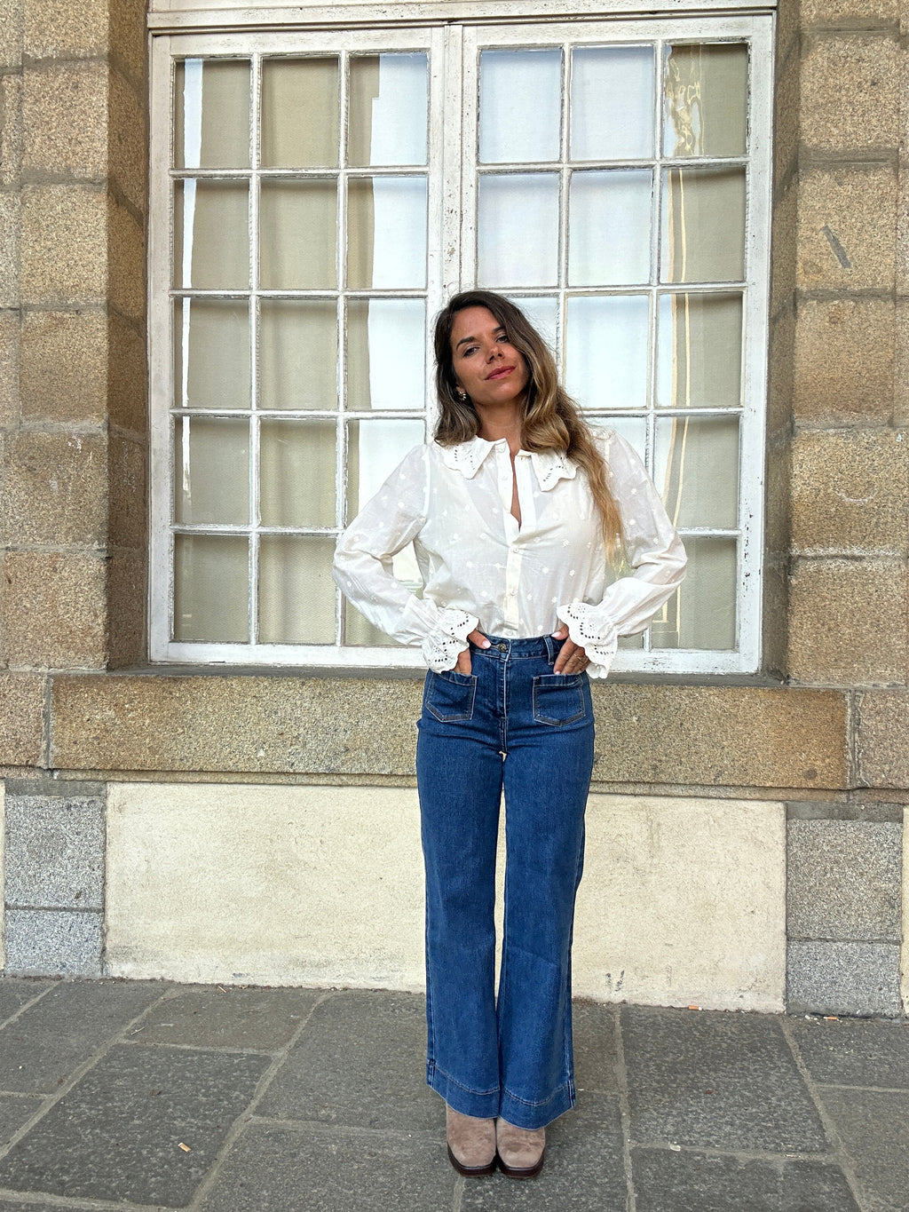 Ambre beige wide-collar blouse