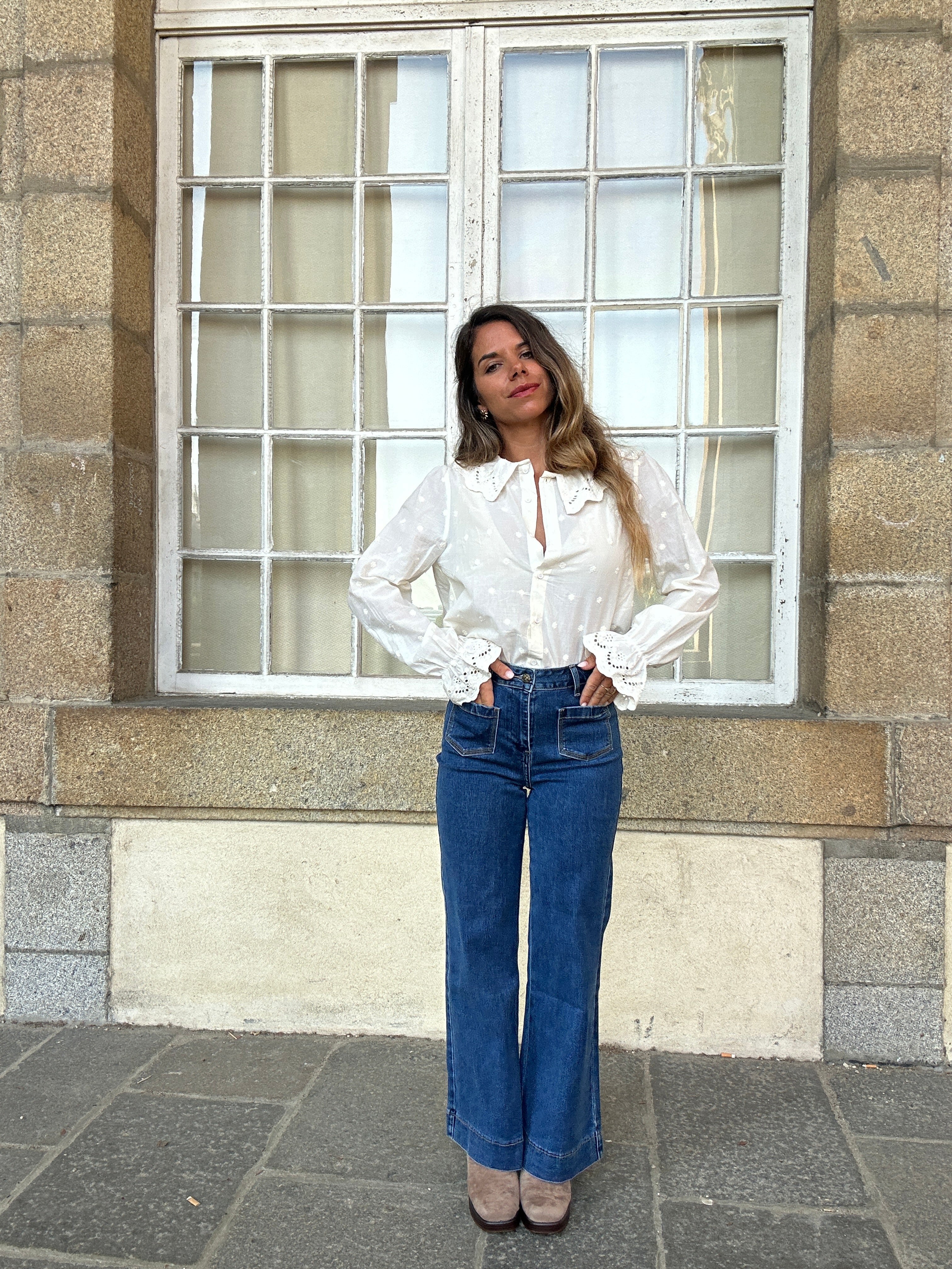 Ambre beige wide-collar blouse