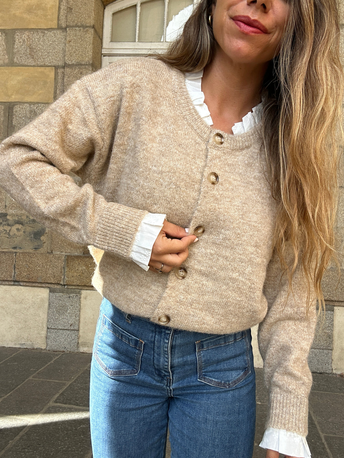 Cárdigan Gabrielle topo con cuello de encaje