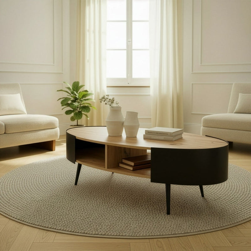Eklo - Table Basse Ovale Avec Flancs En Métal Noir - Bois Clair