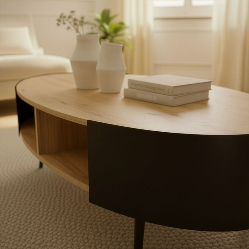 Eklo - Table Basse Ovale Avec Flancs En Métal Noir - Bois Clair