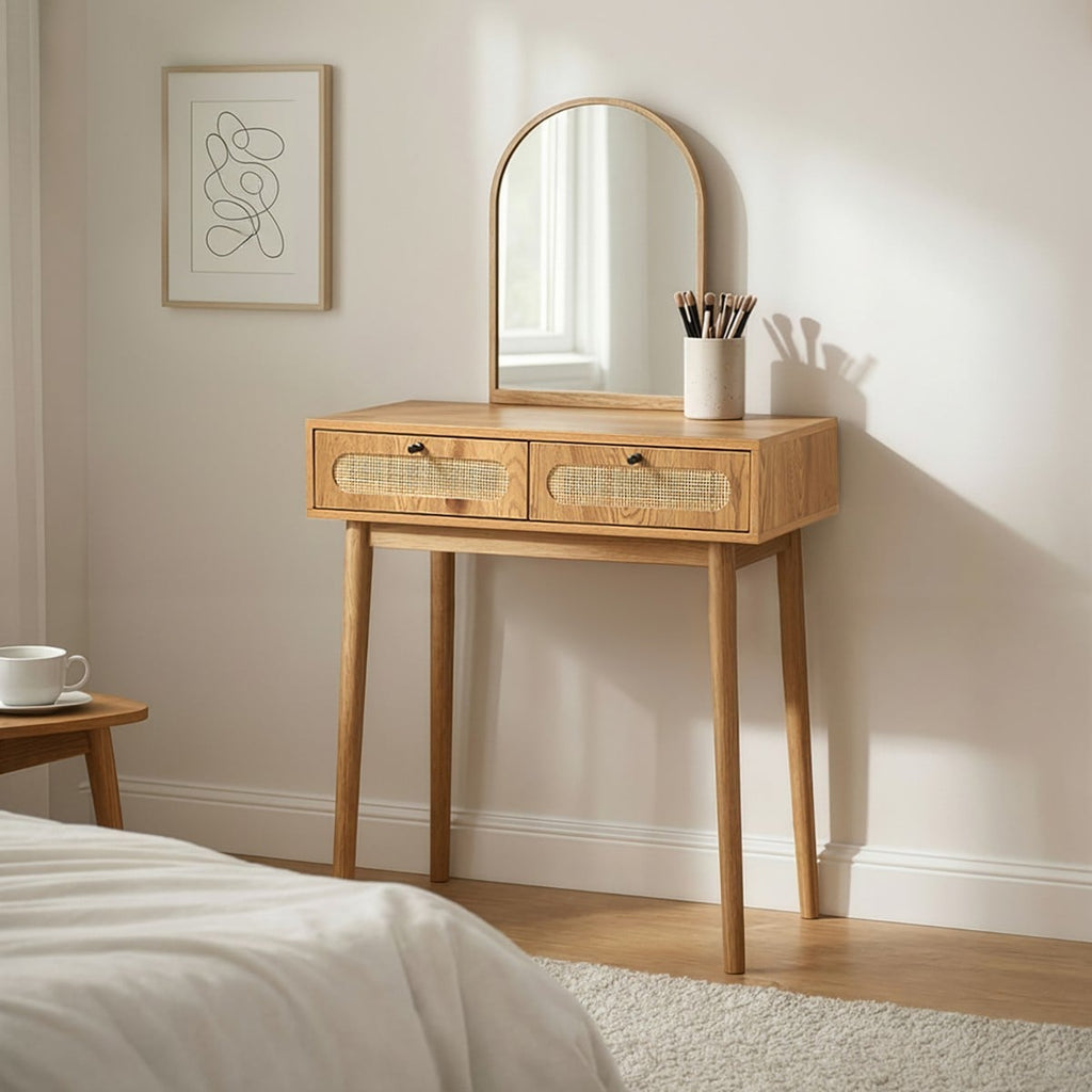 Alia - Dressing Table With Mirror And 2 Rattan Front Drawers - Light Wood