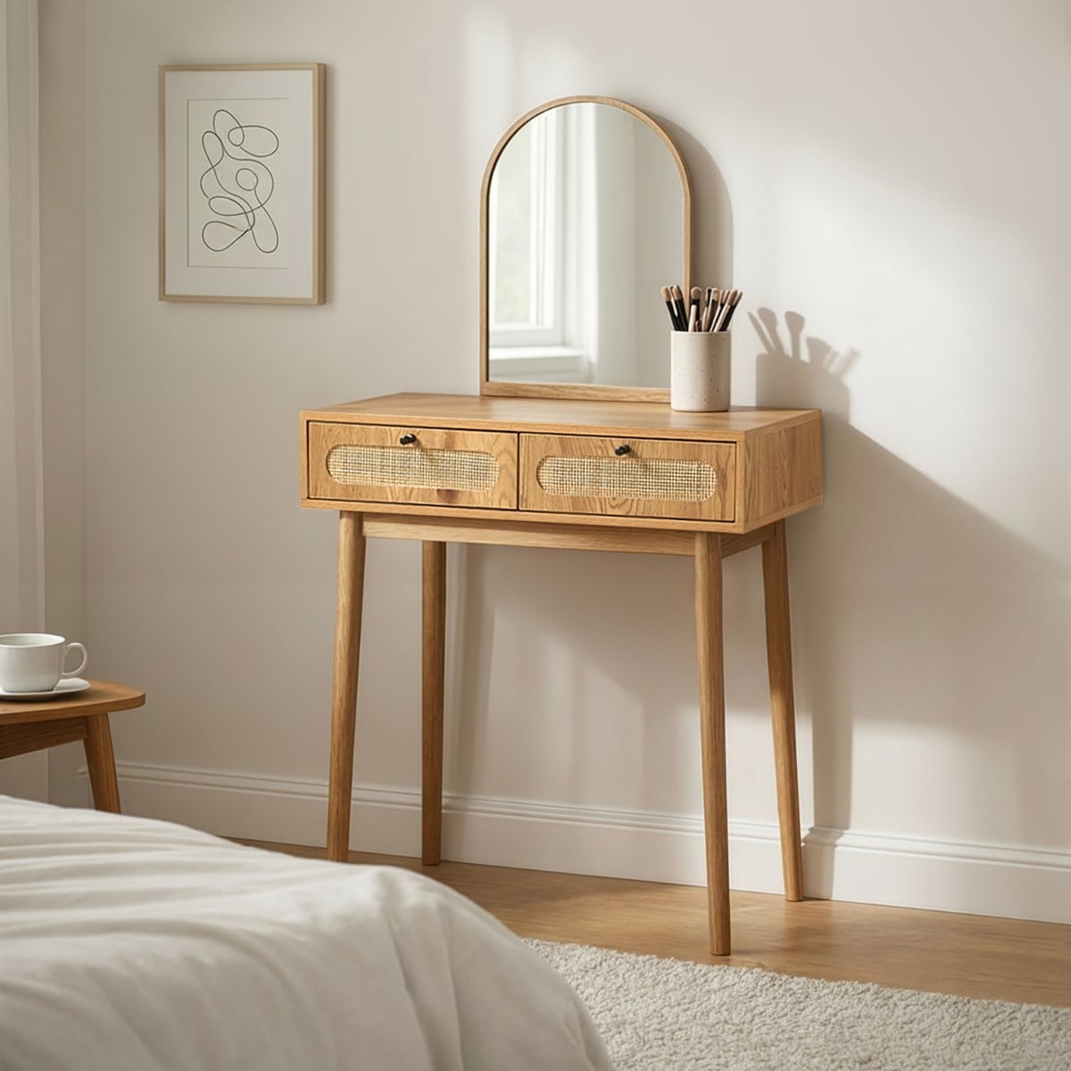 Alia - Dressing Table With Mirror And 2 Rattan Front Drawers - Light Wood