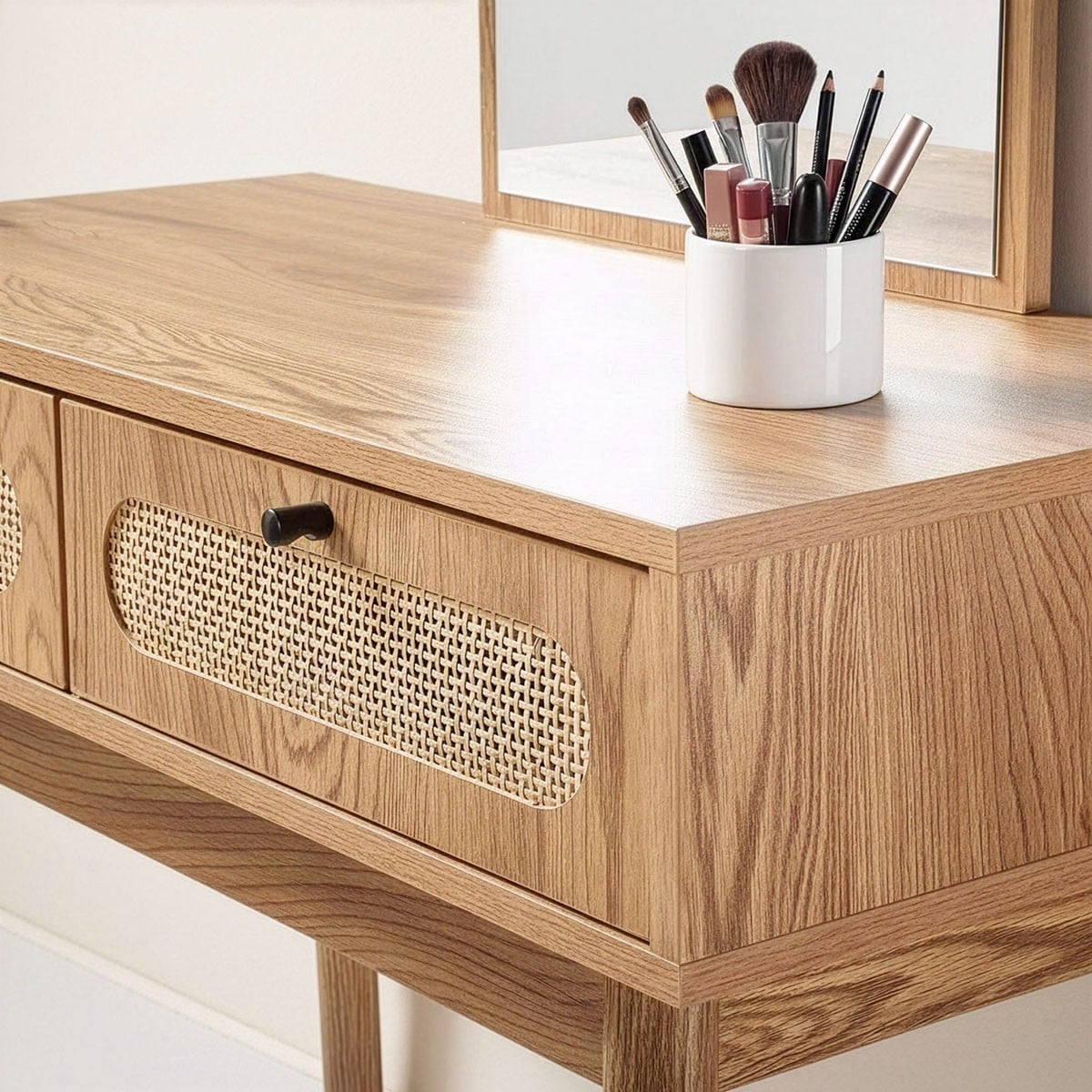 Alia - Dressing Table With Mirror And 2 Rattan Front Drawers - Light Wood