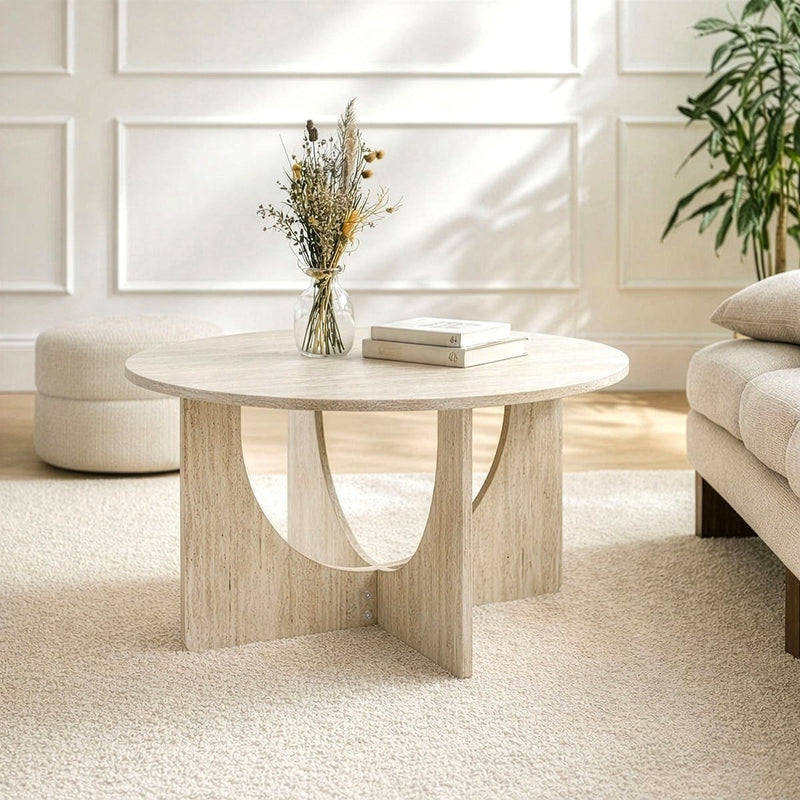 Marta - Table Basse Ronde Décor Travertin - Beige