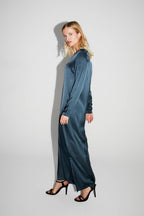 Maxi Dress Satin Viscose Stretch Bleu Atlantique Fabriquée En Italie